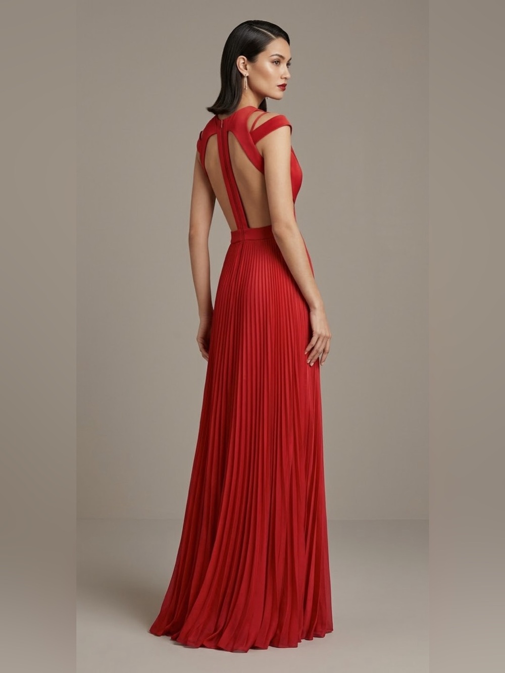 Caché Red Pleated Cutout Maxi Gown Dress Size 0 Formal Prom Gala Special Event